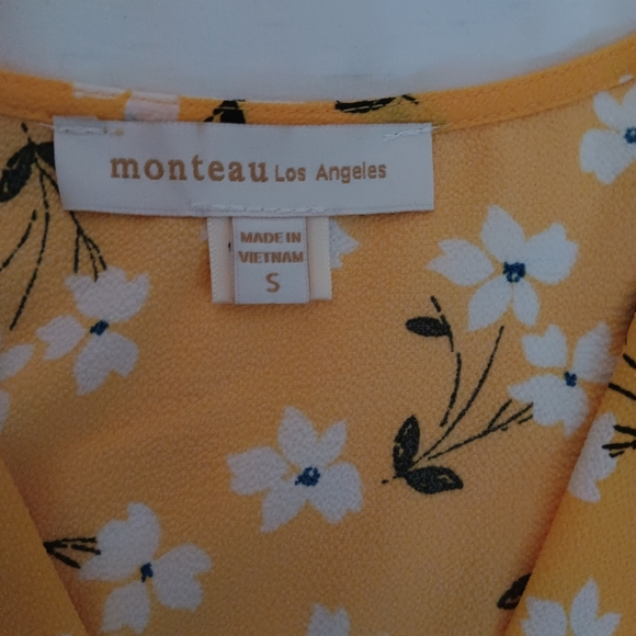 Monteau-Yellow Floral Ruffle Sleeve Faux Wrap Tie Blouse - Picture 8 of 10